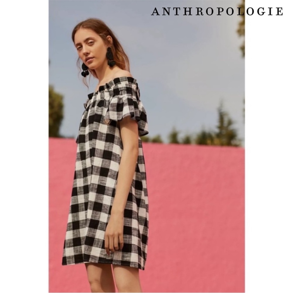 Anthropologie Black and White Plaid Off-Shoulder Dress